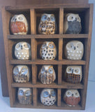 VTG Emson 12 Miniature Mexican Pottery Ceramic Owls Set In Wood Hanging Display Model
