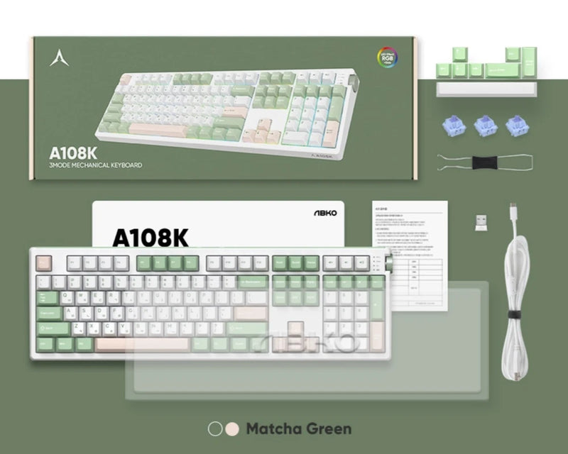 ABKO A108K Wireless Mechanical Keyboard Matcha Green Ultra Quiet Switch Model