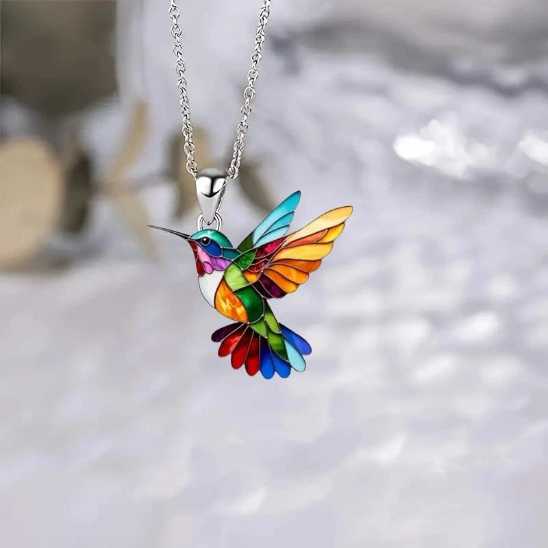 Colorful Hummingbird Pendant Necklace Rainbow Acrylic Bird Women Gift Chain Charms