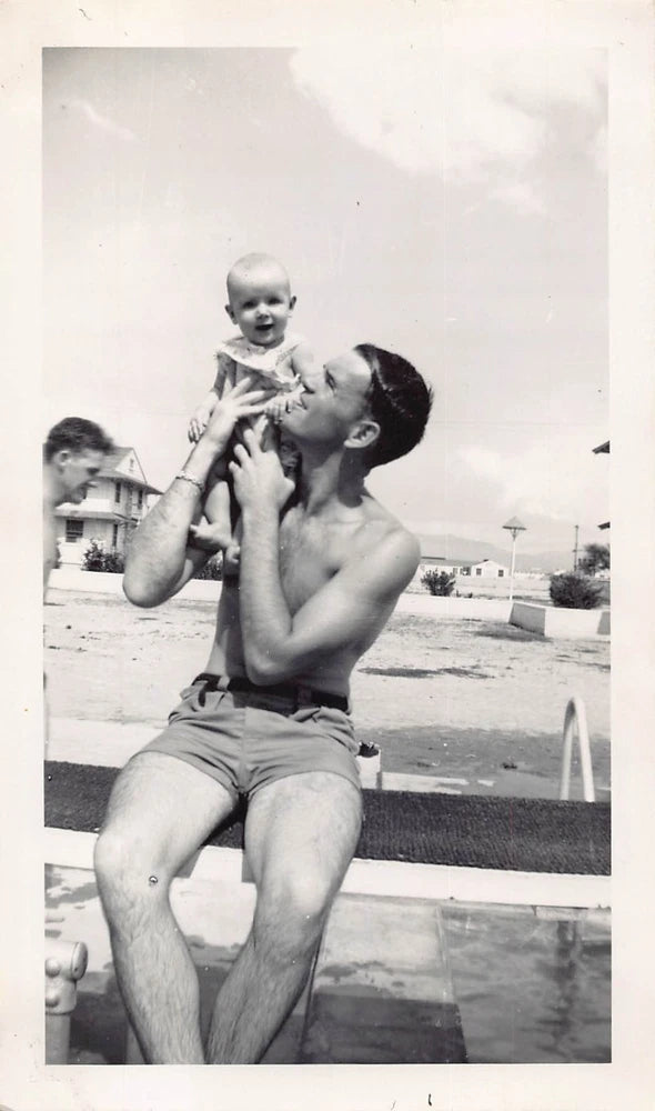 Vintage 1943 Man Baby Sitting Diving Board 1940s Photo Happy Family Cute Model