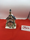 Ceramic Christmas Village Church House Figurine Hand Painted White Blue Model
