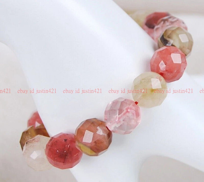 10mm Faceted Watermelon Tourmaline Round Beads Stretchy Bracelet 7.5" AAA Charms