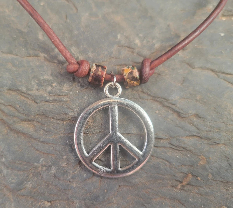 Peace Sign Necklace, Silver, Leather Cord, Peace Sign Jewelry, Peace Sign Charm Charms