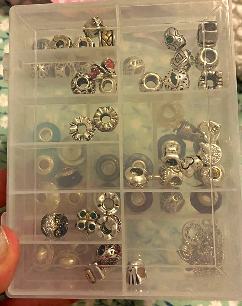 Chamilia Silver Charms Mixed Lot Box. Fits snake chain charm bracelets. 50 qty Charms