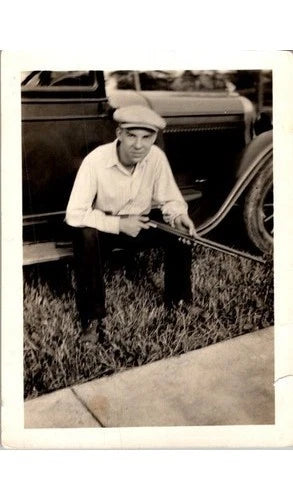 1930s Working Man w/ Rifle on Car Running Board Silver Gelatin Photograph Model