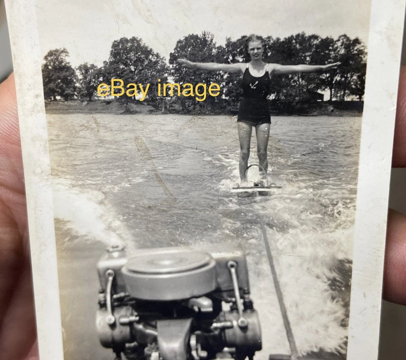 FUN 1950's Mississippi Snapshot: Girl WATER SKIING on a Board Taken from Boat Model