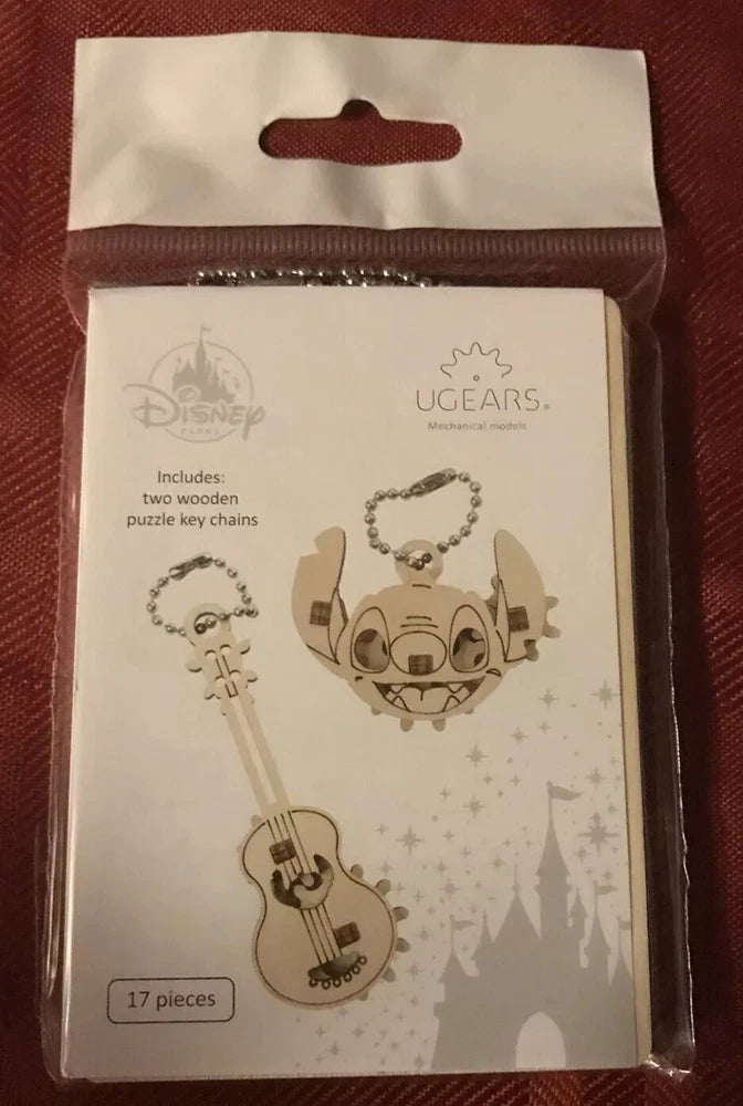 Disney Parks UGears Mechanical Models Stitch Guitar Two Wooden Puzzle Keychains Model
