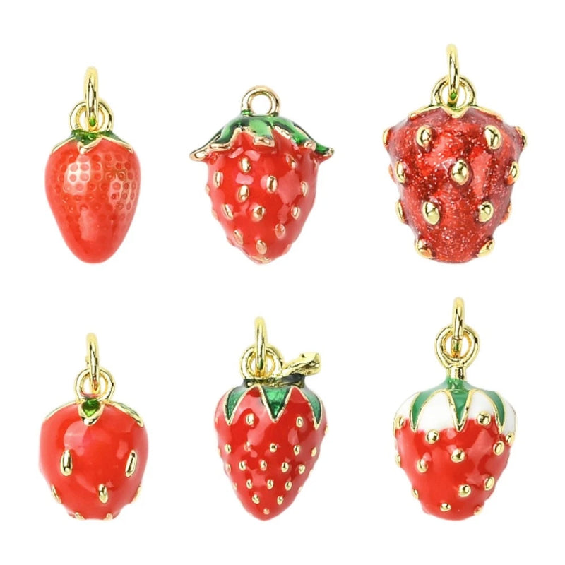 6pcs Red Strawberry Charms18K Gold Plated Fruit Charm 3D Strawberry Charms DIY Charms