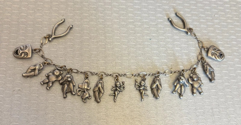 40s Vintage Sterling Silver Charm Bracelet 3D Figural Wise Monkeys Cherubs 15P Charms