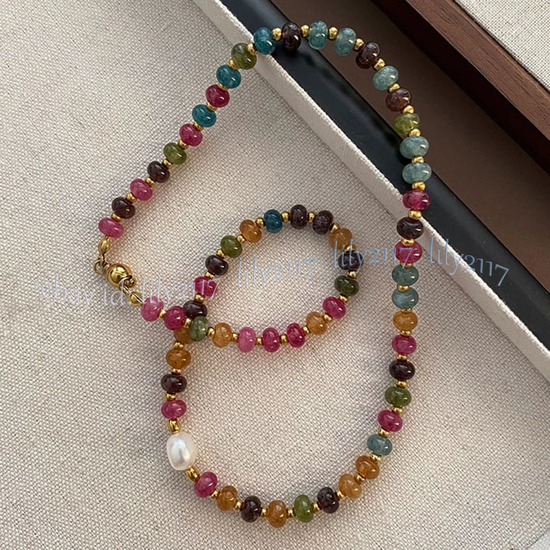 Natural Colorful Tourmaline Rondelle Gemstone Beads White Pearl Necklace 14-48'' Charms