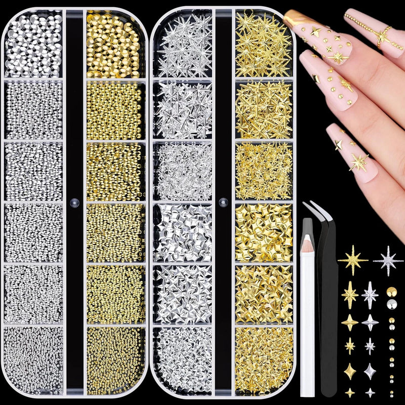 2640Pcs 3D Star Nail Charms, Gold & Silver Multi-Shapes Metallic Nail Art Gems a Charms