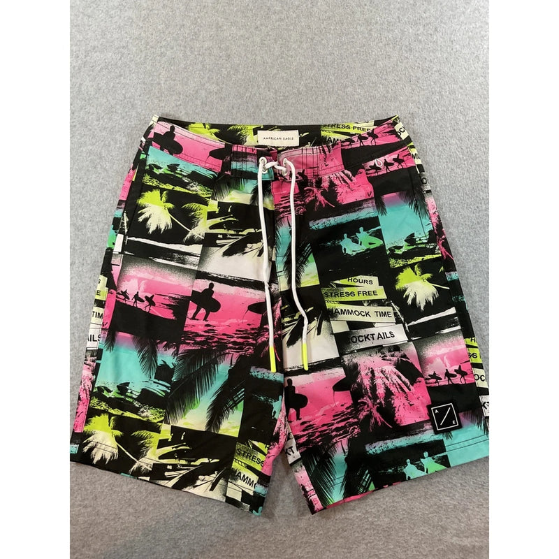 American Eagle Mens Tropical Photo Print Board Shorts Neon Pink Green Small 1385 Model