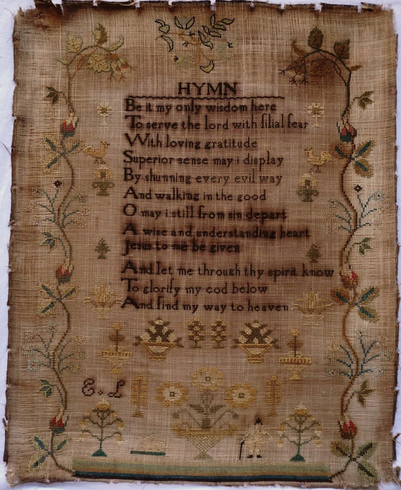 EARLY/MID 19TH CENTURY "HYMN" FIGURE & MOTIF SAMPLER INITIALLED E.L - c.1840 Model