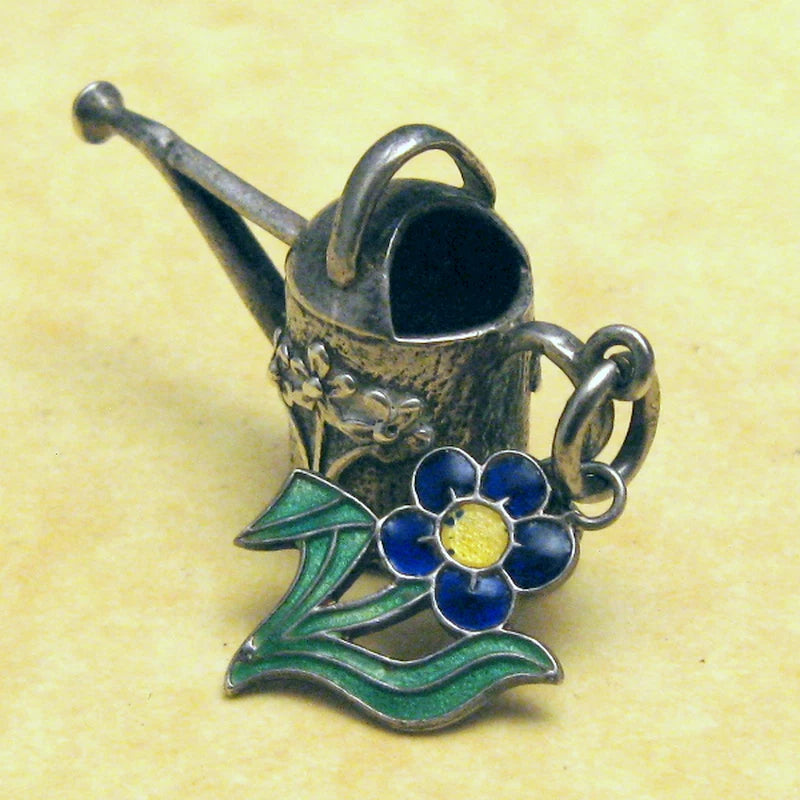 Vintage English Silver Opening Charm Watering Can and Enameled Flower Charm Charms