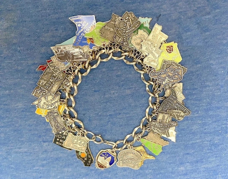 WOW! Estate Vtg Ster 51 CHARM USA all-50 STATES map charms BRACELET some enamel Charms