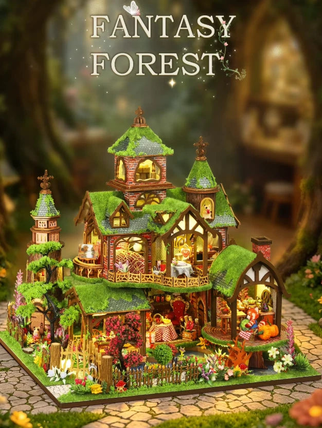 Fantasy Forest DIY DIY WoWooden Miniature Dollhouse Kit with Furniture LED Light Model