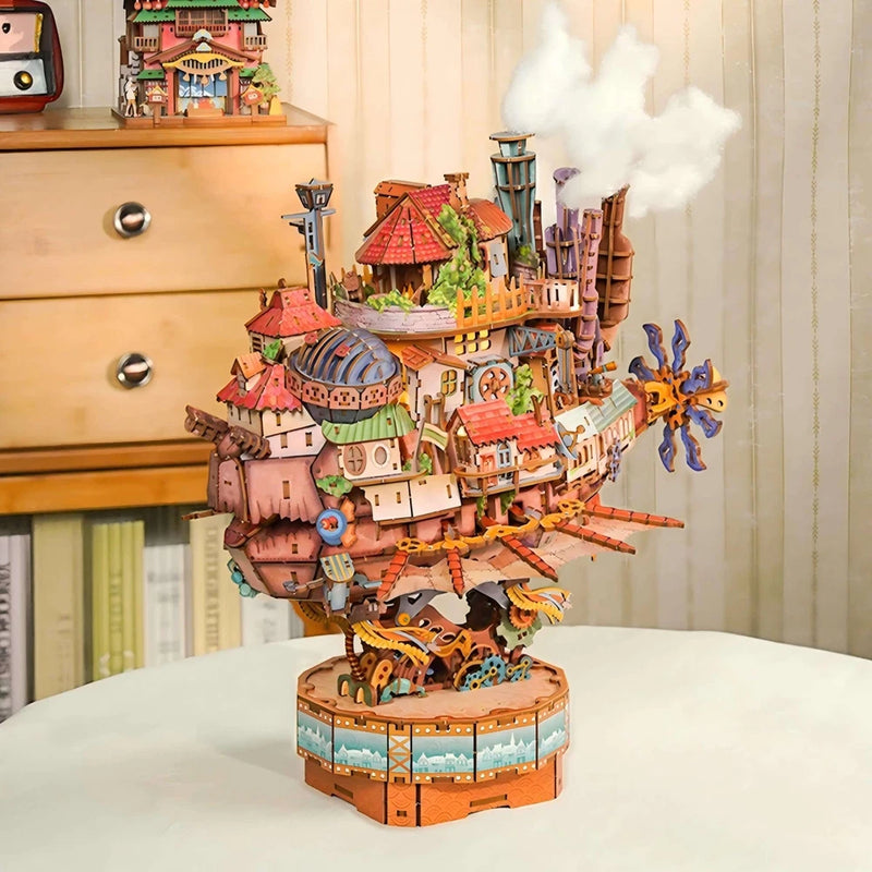 Walking Castle DIY Wooden Mechanical Model Kit Fantasy Moving Castle LED Light Model