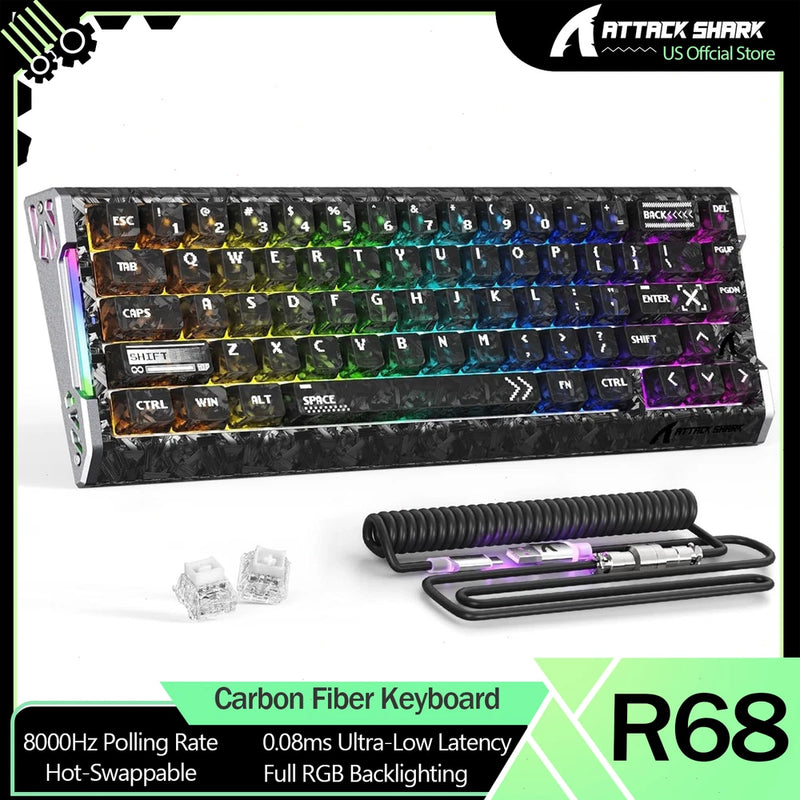 ATTACK SHARK R68HE 68 Keys Wired Carbon Fiber  Keyboard With C01ULTRA RGB Cable Model
