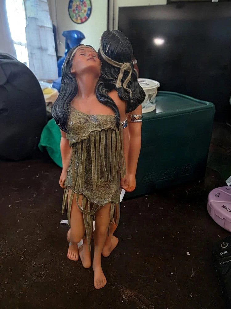 Vintage Faux-Leather Fringed Resin Native American Couple Figurine Model