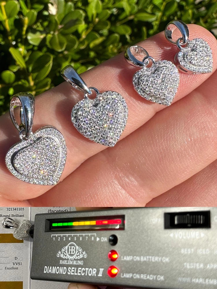 MOISSANITE 925 Silver Iced Small Ladies Heart Shaped Love Pendant Necklace Charm Charms