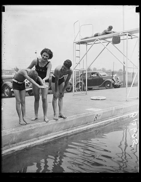 Photo:1930s Diving Board Swimming Pool Girls Vintage Bathing Suits Model