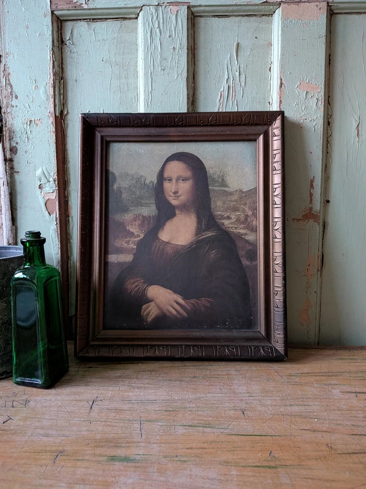 Vintage Mona Lisa Print Picture Gold Frame Leonardo Da Vinci On Board Portrait Model