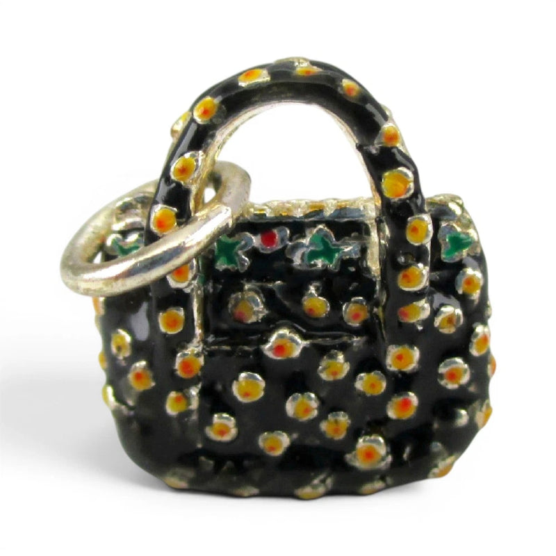 Sterling Silver Enamel Fabric Purse Charm for Bracelet Handbag Bag Gift Vintage Charms