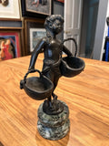 Bronze Child Carrying Baskets Sculpture on Green Marble Base Figure Statue Decor Model