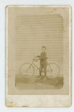 Vintage Photo On Board Handsome Little Boy Standing With Bicycle Odd Hair 1900s Model