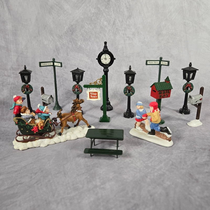 Christmas Village Figurines Lot Horse Sleigh Ice Skaters Lamp Posts Signs Decor Model