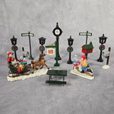 Christmas Village Figurines Lot Horse Sleigh Ice Skaters Lamp Posts Signs Decor Model