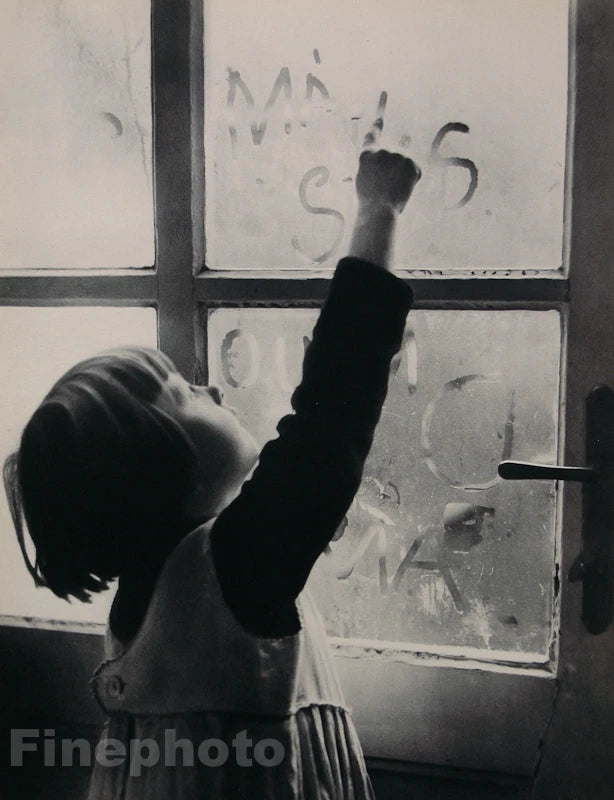 1935 Vintage 16x20 CUTE CHILD WINDOW WRITING Czechoslovakia Photo MARIE GOTTLIEB Model