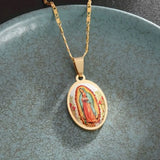 Vintage Golden Virgin Mary Oval Pendant Necklace, Gift for Religious Believers Charms