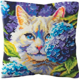 CDA stamped cross stitch kit cushion "Cat in Hydrangeas", 40x40cm Model