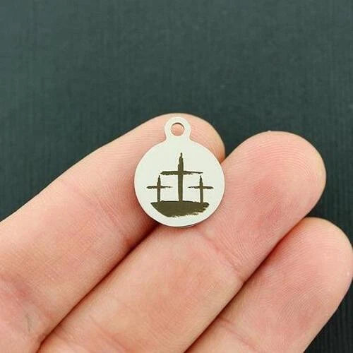 Three Crosses Stainless Steel Small Round Charms - BFS002-4530 Charms