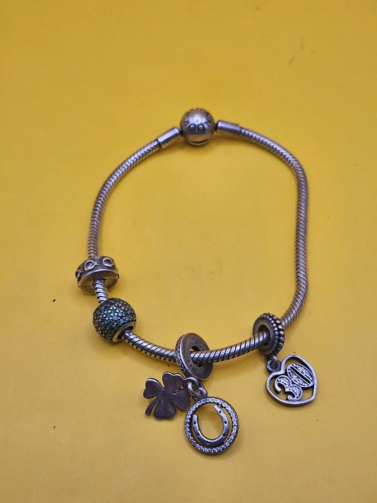 PANDORA Silver Snake Chain Charm Bracelet Clasp 30 Charm Lucky Charm Green Bead Charms