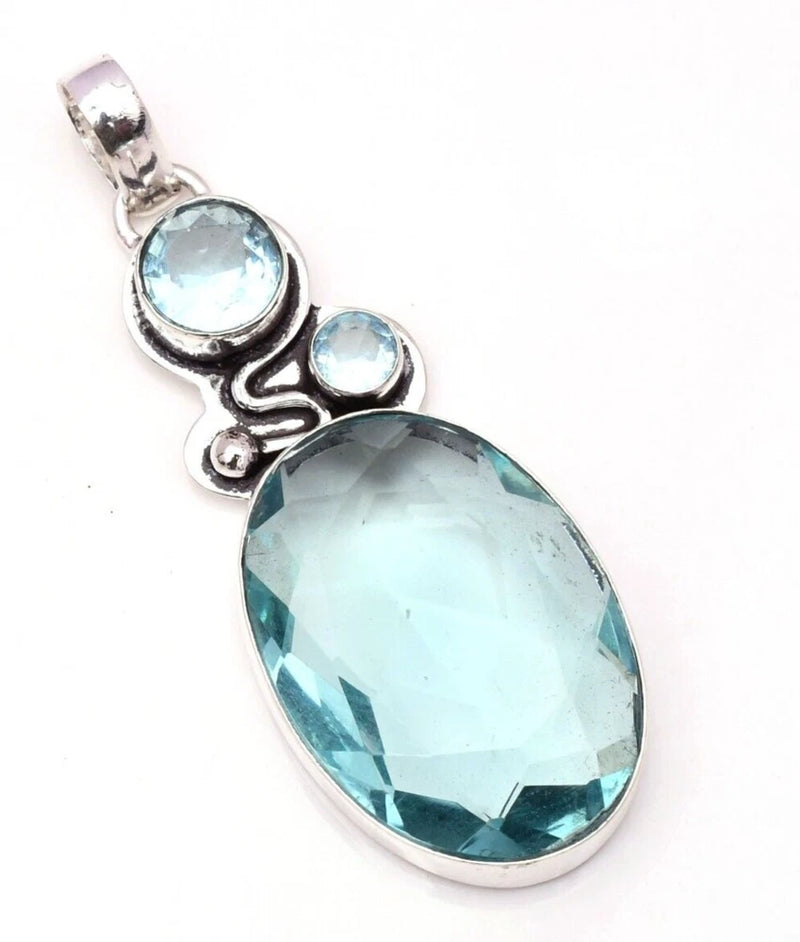 Aquamarine Gemstone 925 Sterling Silver Handmade Jewelry Pendant 2.15" Charms
