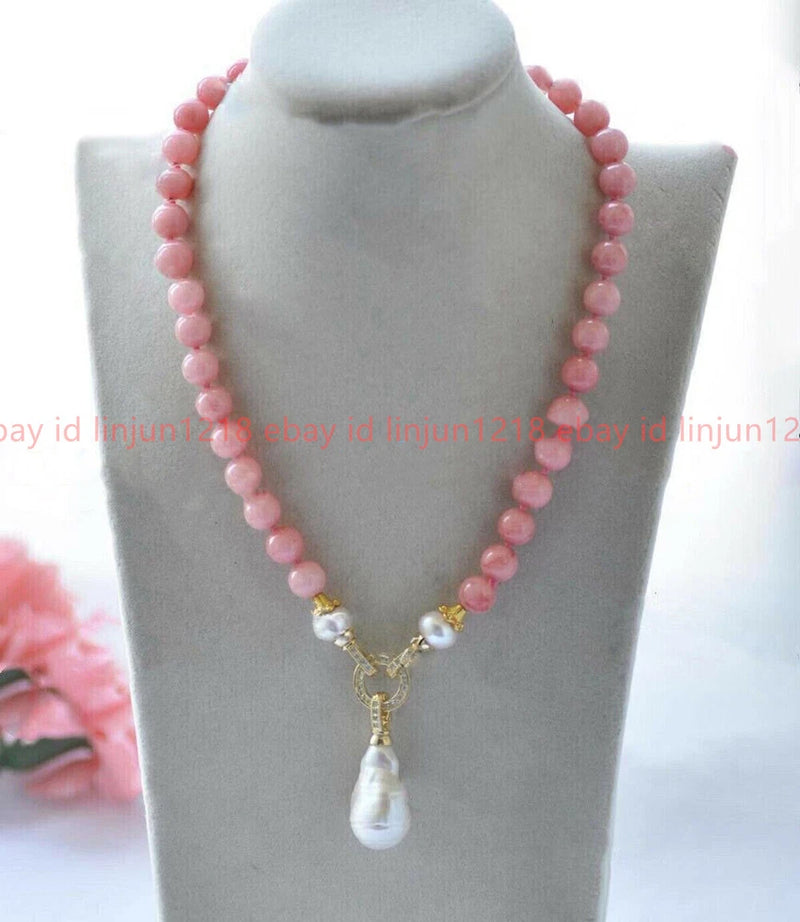Natural Pink Rhodochrosite Round Gems White Keshi Baroque Pearl Pendant Necklace Charms