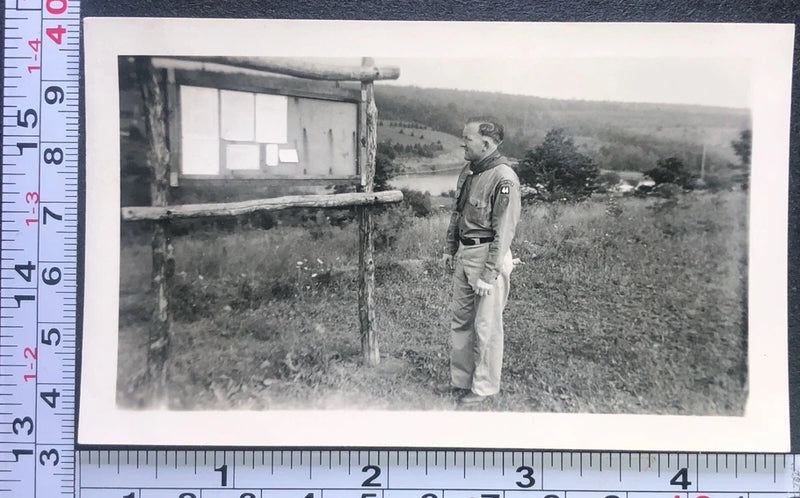 Young Man BSA Boy Scout Uniform Looking at Bulletin Board BW Photo Snapshot Model