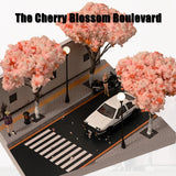 1/64 Diorama Diecast Car Garage Buildings Model LED Street Cherry Blossom Scene Model