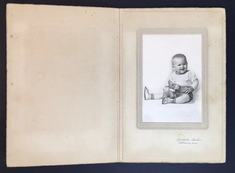 Vintage Photo on Board Folder Adorable Baby Boy with Blow Up Toy Dog Norwood OH Model