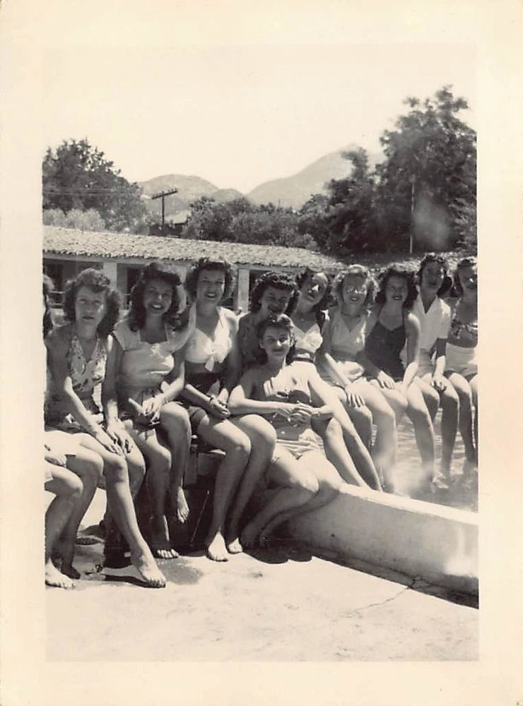 1945 Young Women Swimming Pool 1940s Photo Sitting Diving Board Dress Swimsuit Model