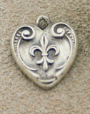 VINTAGE STERLING PUFFY HEART CHARM - Fleur de Lis with Decorative Border Charms