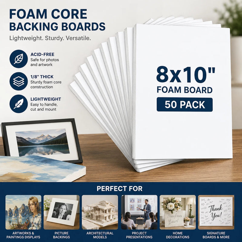 50 Pack 8x10 White Frame Backer Boards Acid-Free Print Backer Sheets Foam Model