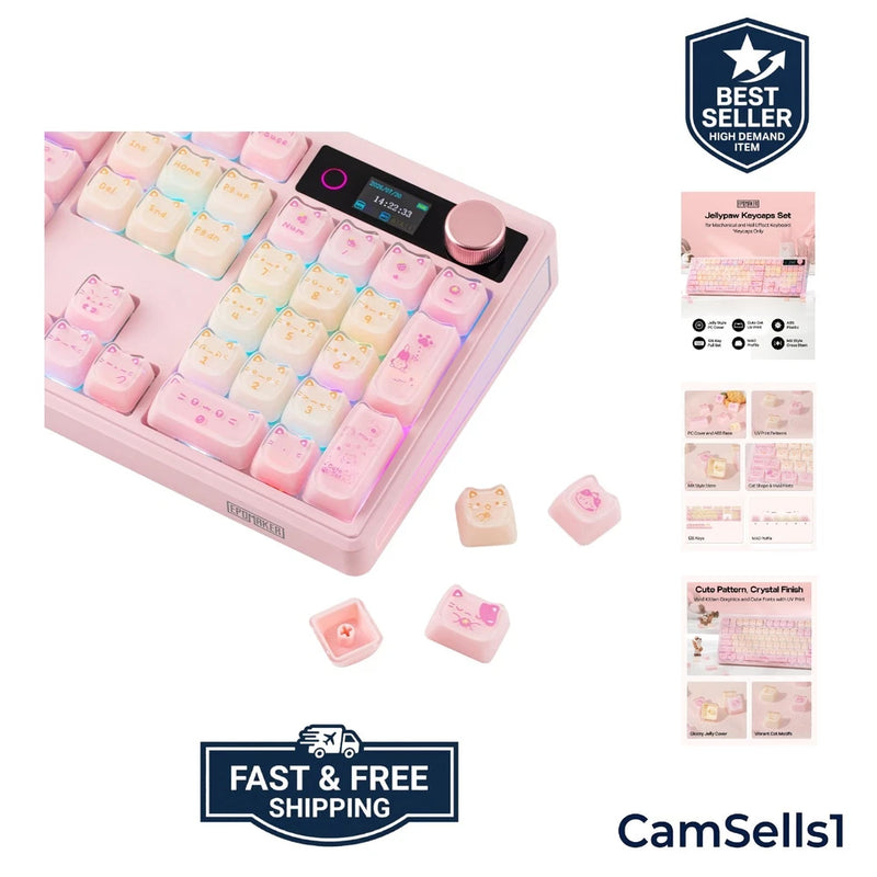 128-Key JellyPaw Keycaps with Cute Cat Design - Perfect for Gaming Keyboards Model