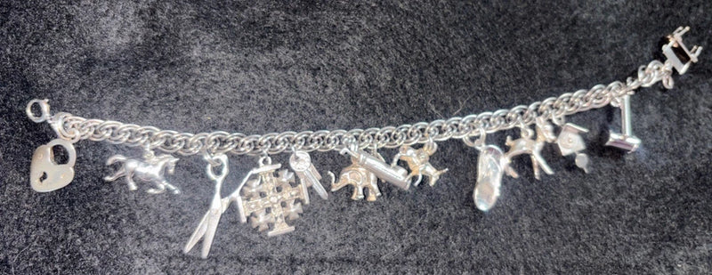 Vintage Sterling Silver Charm Bracelet-13  Sterling  Silver Charms-31 Grams Charms
