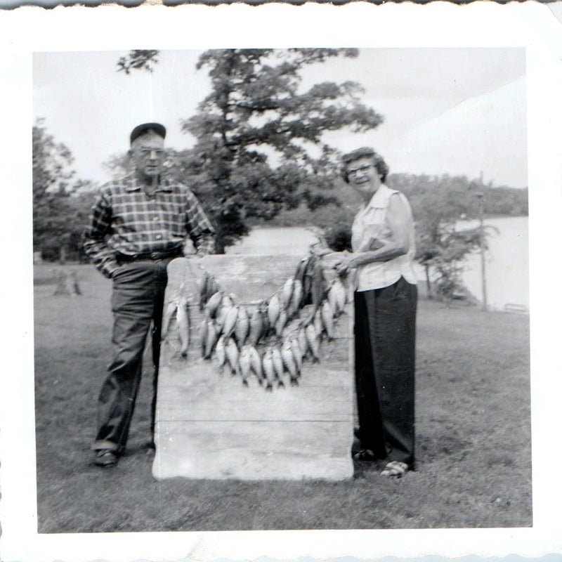 c1950s Fishing Catch Couple Snapshot Photo Man Woman Panfish Board Display Lake Model