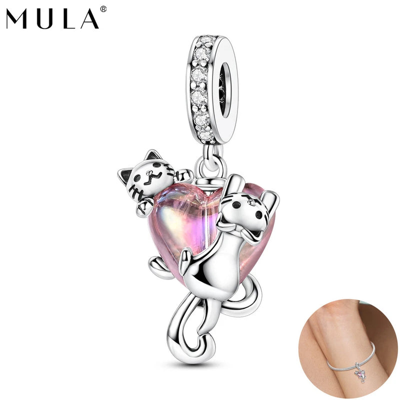MULA 925 Sterling Silver Naughty Cat Heart Pink CZ DIY Charm For Women Bracelet Charms
