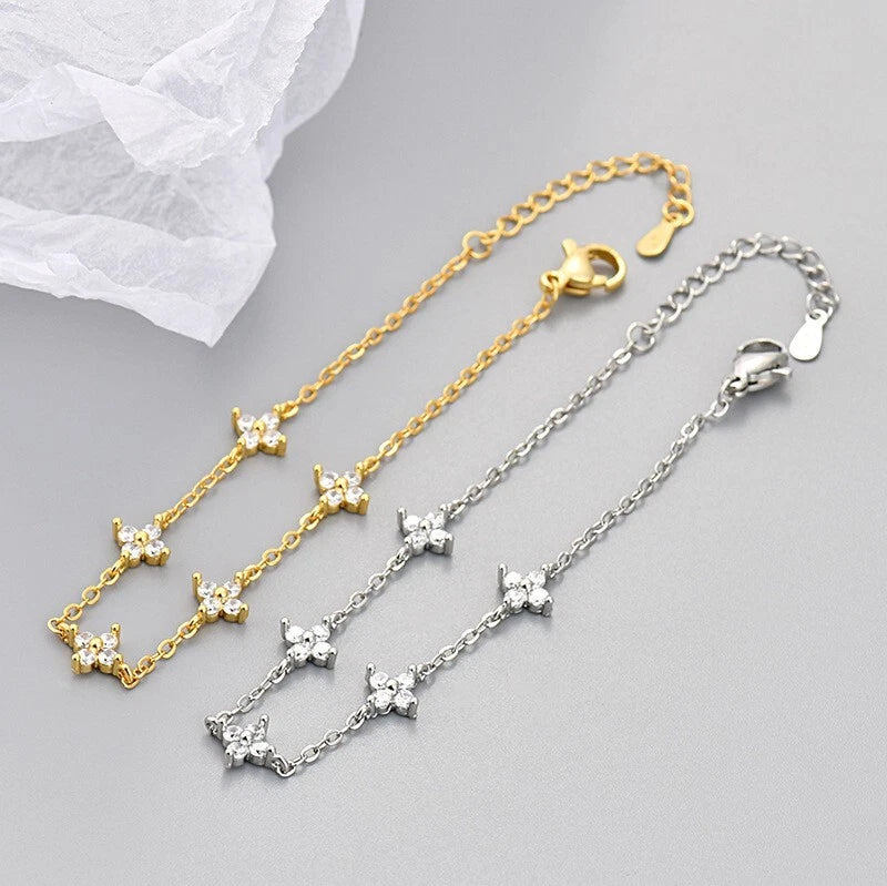 925 Sterling Silver CZ Clover Flower Charm 6+2" Chain Bracelet Gift B10 Charms