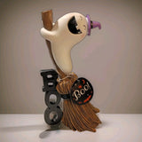 Halloween Ghost Figurine on Broom Holding "BOO" Sign, Resin 3D Effect Model